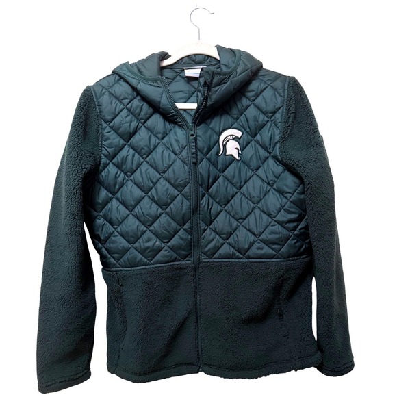 Columbia Jackets & Blazers - Columbia Michigan State Spartans MSU Green Quilted Sherpa Hybrid Jacket Hooded L